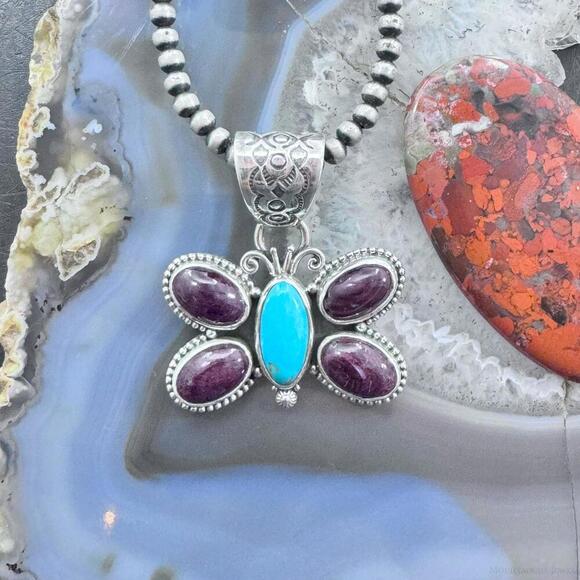 Native American Sterling Turquoise & Spiny Oyster Butterfly Pendant For Women - Picture 2 of 10